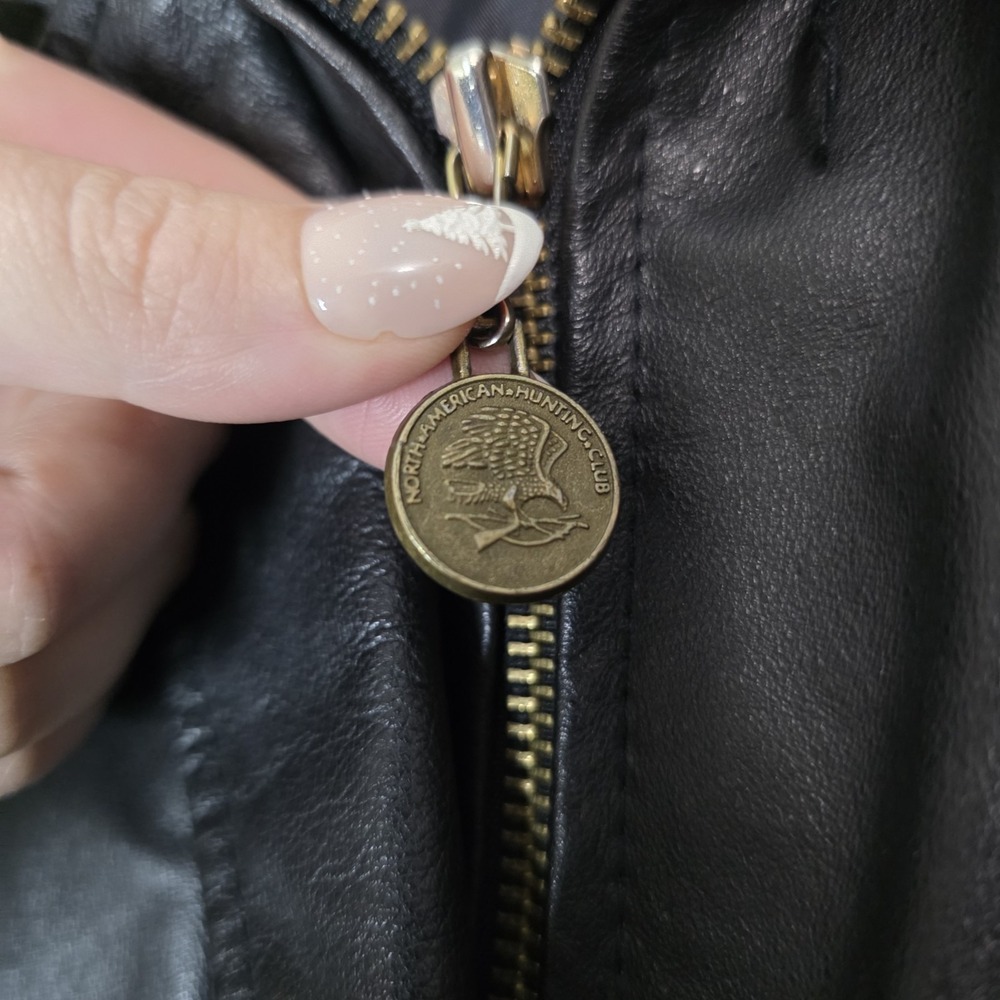 Vintage Genuine Leather Black‎ Coat Faux Fur Hood Y2K Minimalist Jacket - Picture 10 of 16
